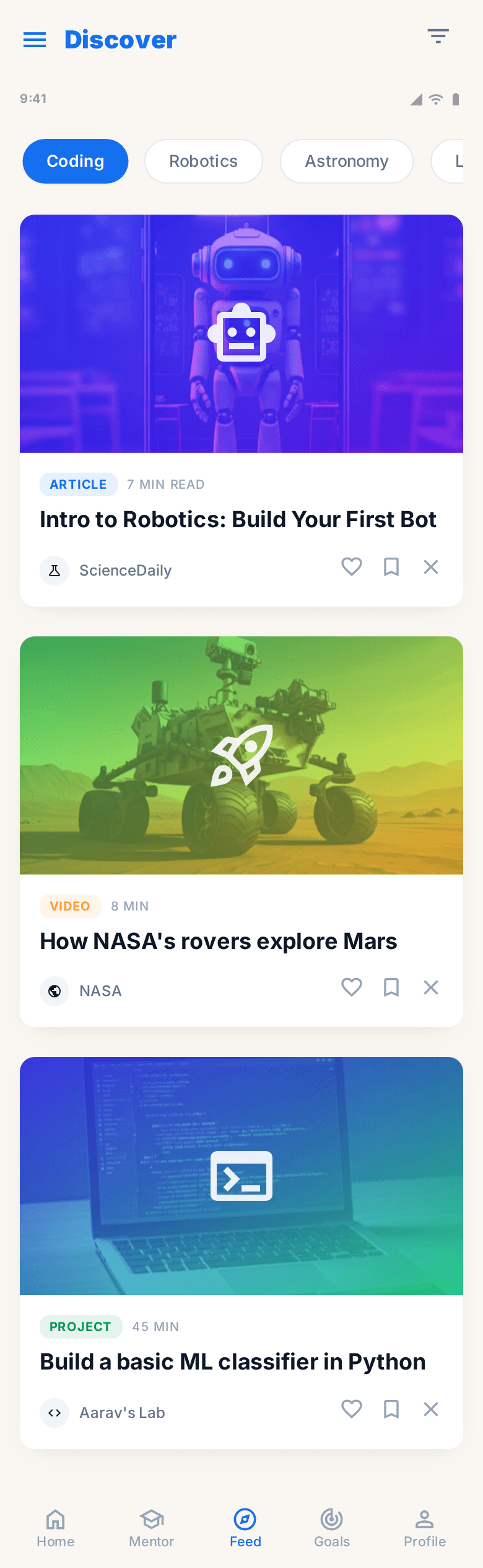 Personalised Discover feed with interest chips and three content cards: an article on robotics, a video on Mars rovers, and a project on machine learning