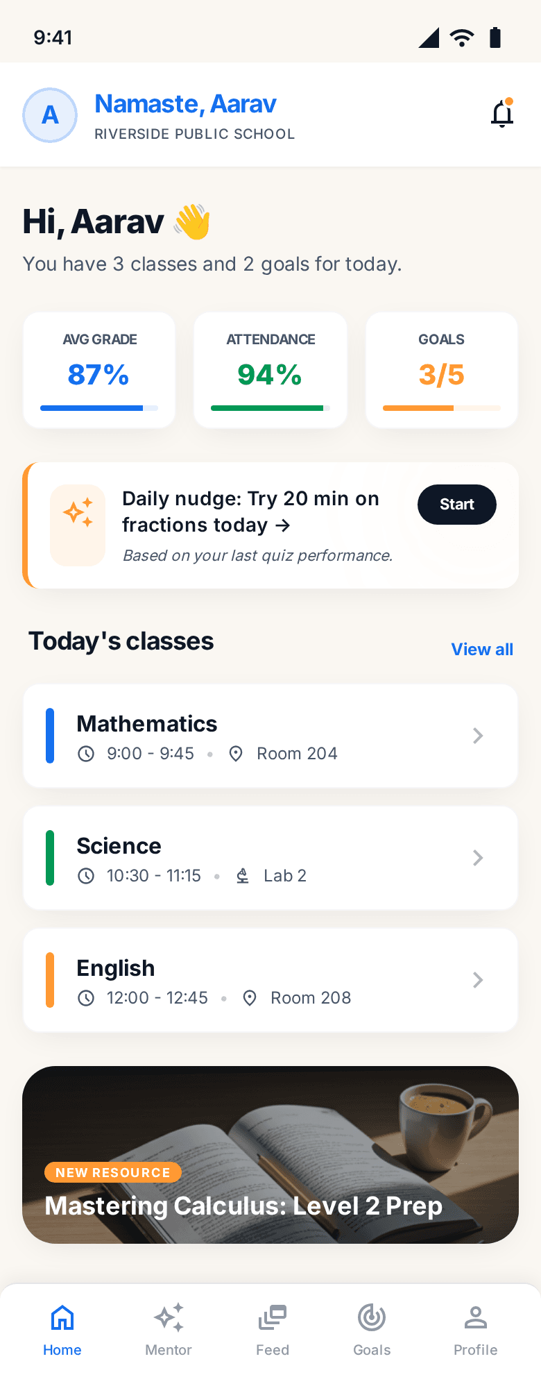 Student dashboard with average grade 87%, attendance 94%, today's classes, and an AI Mentor nudge