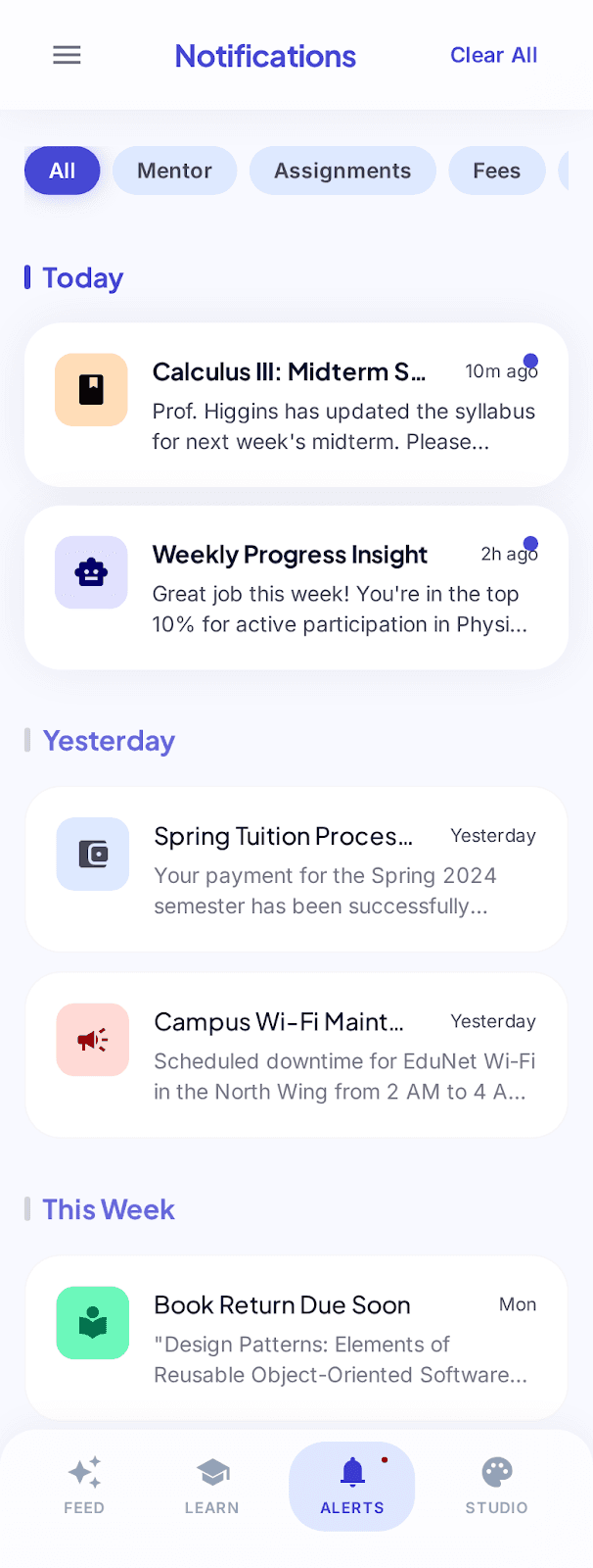 Notifications centre with Mentor / Assignments / Fees tabs and entries grouped under Today, Yesterday, and This Week including a Calculus syllabus update and a Weekly Progress Insight